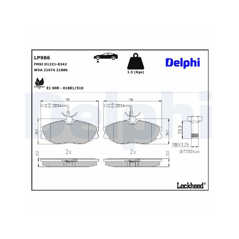 DELPHI LP986 Bremsbelagsatz, Scheibenbremse f&uuml;r CITRO&Euml;N PEUGEOT, Vorderachse