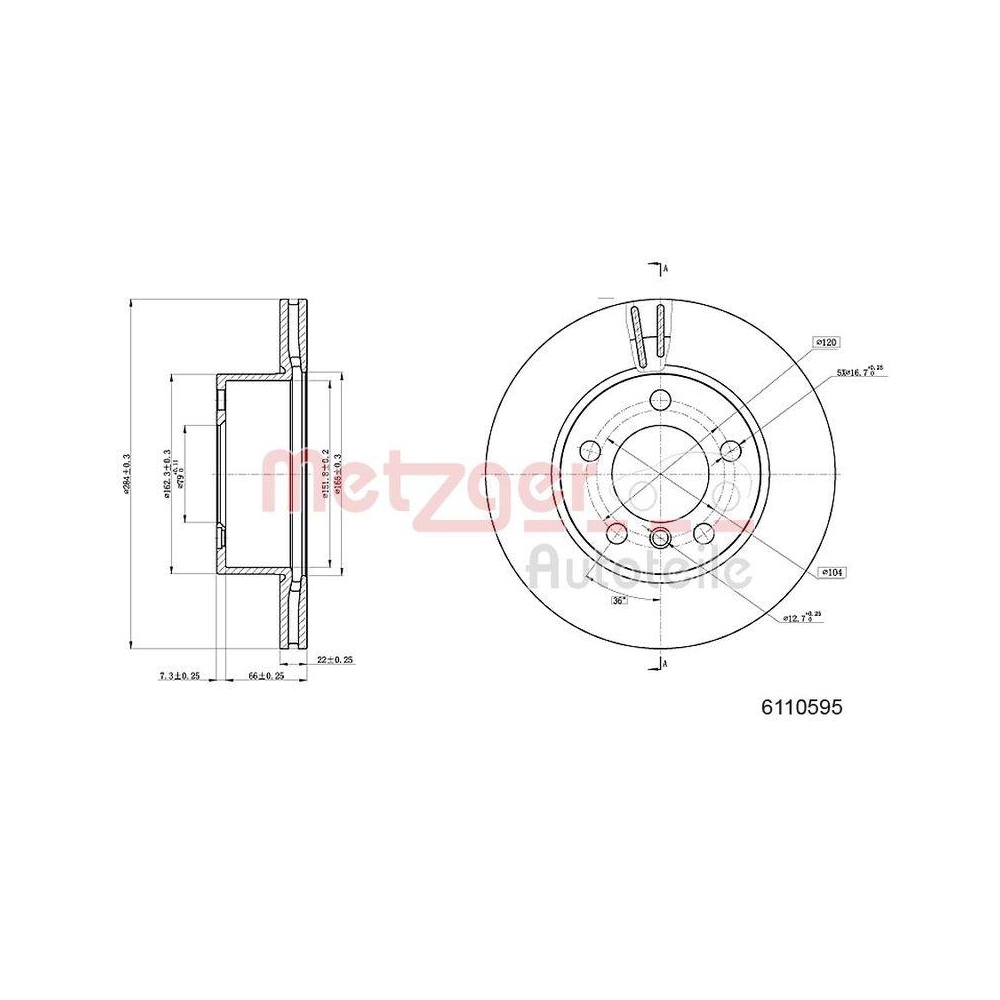 Bremsscheibe METZGER 6110595 f&uuml;r BMW MINI CHANGFENG, Vorderachse links