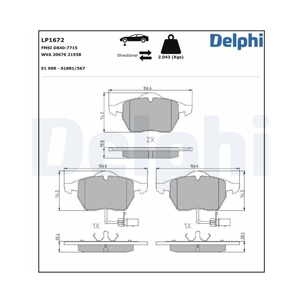 DELPHI LP1672 Bremsbelagsatz, Scheibenbremse für AUDI SKODA VW VW (SVW)
