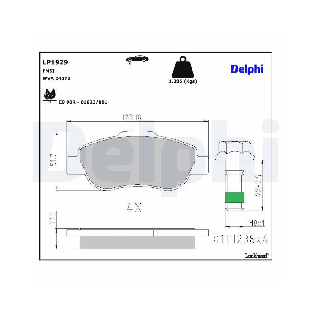 DELPHI LP1929 Bremsbelagsatz, Scheibenbremse f&uuml;r FIAT, Vorderachse