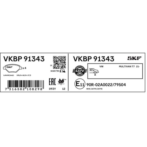 Bremsbelagsatz, Scheibenbremse SKF VKBP 91343 f&uuml;r VW