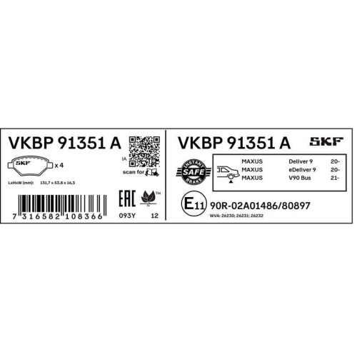 Bremsbelagsatz, Scheibenbremse SKF VKBP 91351 A f&uuml;r MAXUS