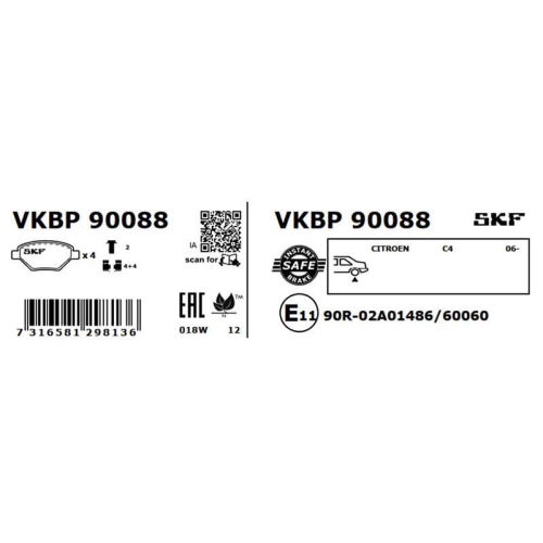 Bremsbelagsatz, Scheibenbremse SKF VKBP 90088 f&uuml;r CITRO&Euml;N PEUGEOT, Hinterachse