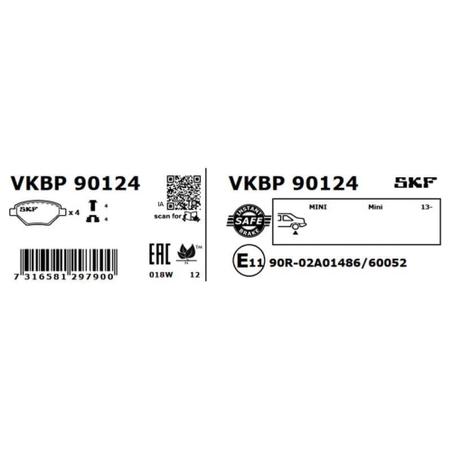 Bremsbelagsatz, Scheibenbremse SKF VKBP 90124 f&uuml;r MINI, Hinterachse