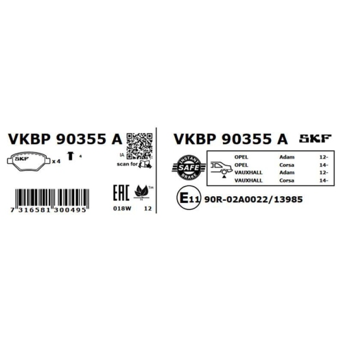 Bremsbelagsatz, Scheibenbremse SKF VKBP 90355 A f&uuml;r OPEL VAUXHALL, Hinterachse