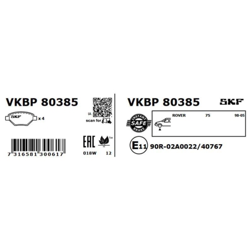 Bremsbelagsatz, Scheibenbremse SKF VKBP 80385 f&uuml;r MG ROVER, Vorderachse
