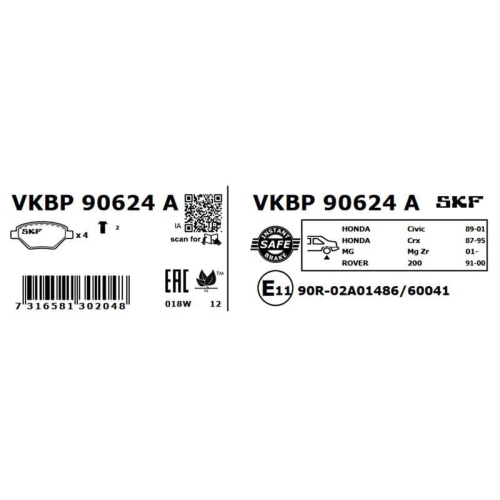 Bremsbelagsatz, Scheibenbremse SKF VKBP 90624 A f&uuml;r HONDA MG ROVER LOTUS ACURA