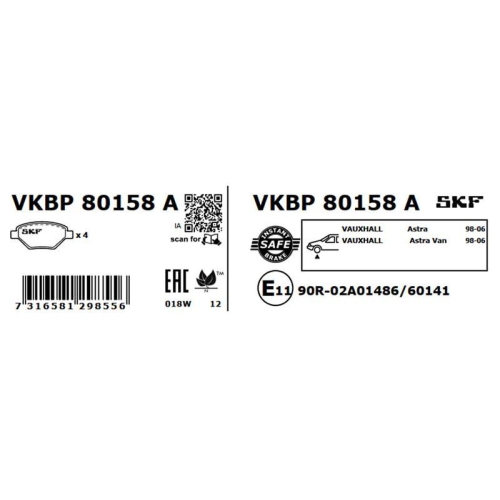 Bremsbelagsatz, Scheibenbremse SKF VKBP 80158 A f&uuml;r OPEL VAUXHALL CHEVROLET