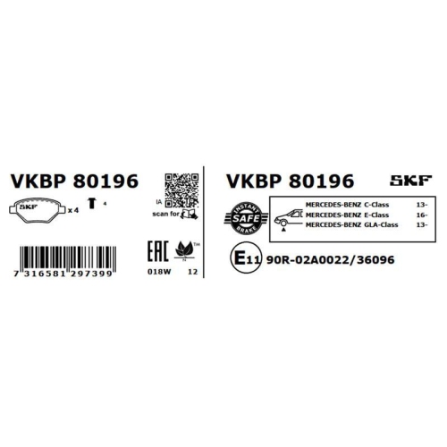 Bremsbelagsatz, Scheibenbremse SKF VKBP 80196 f&uuml;r MERCEDES-BENZ, Vorderachse