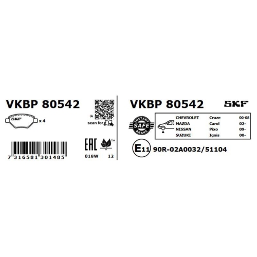 Bremsbelagsatz, Scheibenbremse SKF VKBP 80542 f&uuml;r DAIHATSU NISSAN SUZUKI