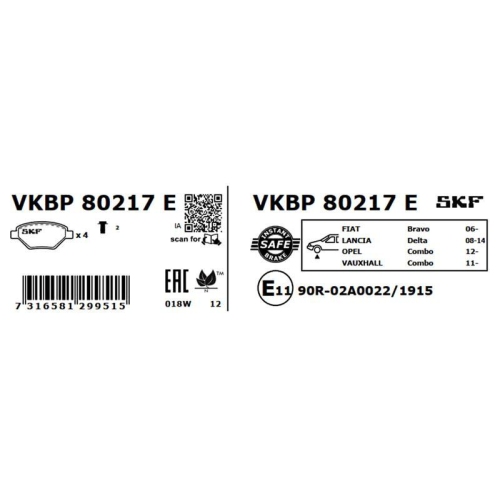 Bremsbelagsatz, Scheibenbremse SKF VKBP 80217 E f&uuml;r FIAT OPEL VAUXHALL ABARTH