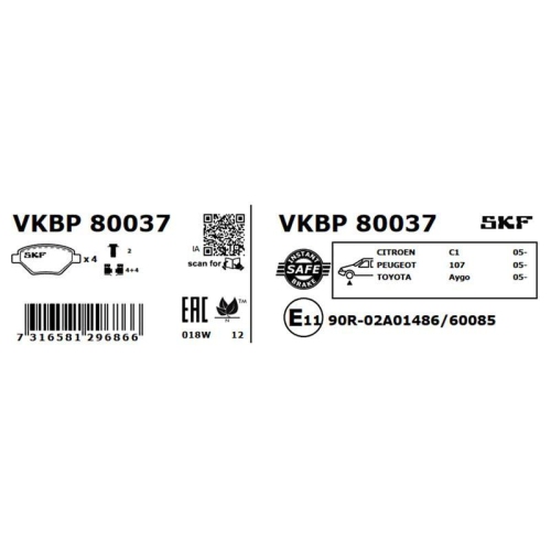 Bremsbelagsatz, Scheibenbremse SKF VKBP 80037 f&uuml;r CITRO&Euml;N PEUGEOT TOYOTA