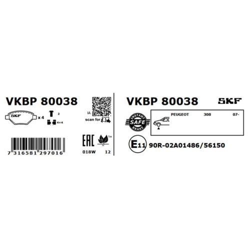 Bremsbelagsatz, Scheibenbremse SKF VKBP 80038 f&uuml;r PEUGEOT, Vorderachse