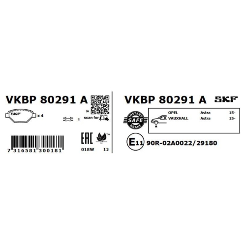 Bremsbelagsatz, Scheibenbremse SKF VKBP 80291 A f&uuml;r OPEL VAUXHALL, Vorderachse