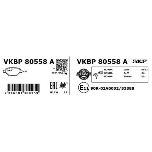Bremsbelagsatz, Scheibenbremse SKF VKBP 80558 A f&uuml;r HONDA ACURA, Vorderachse