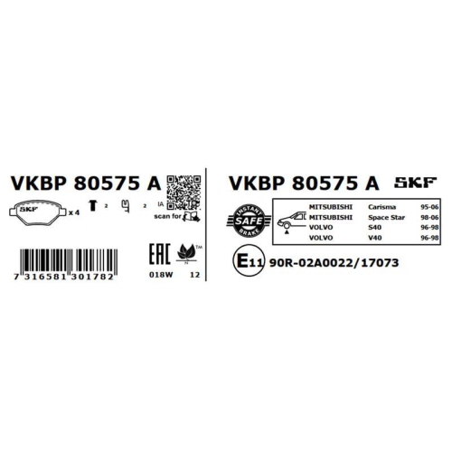 Bremsbelagsatz, Scheibenbremse SKF VKBP 80575 A f&uuml;r MITSUBISHI VOLVO PROTON
