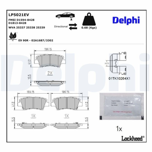 DELPHI LP5021EV Bremsbelagsatz, Scheibenbremse f&uuml;r HYUNDAI KIA, Hinterachse