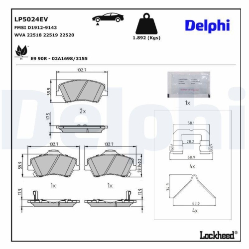 DELPHI LP5024EV Bremsbelagsatz, Scheibenbremse f&uuml;r HYUNDAI KIA, Vorderachse