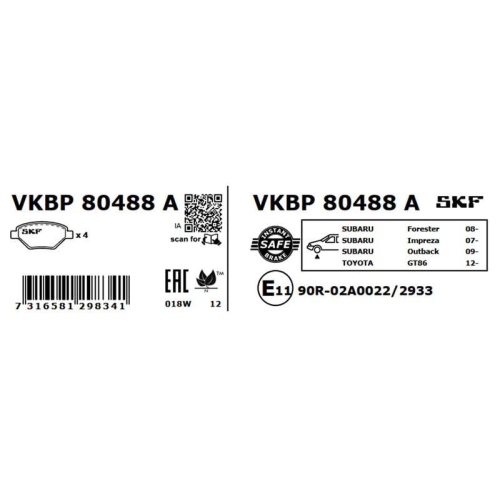 Bremsbelagsatz, Scheibenbremse SKF VKBP 80488 A f&uuml;r SUBARU TOYOTA, Vorderachse
