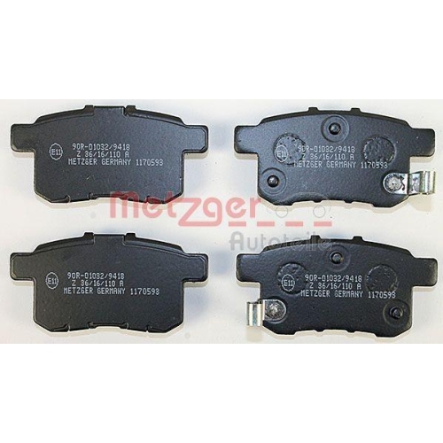 Bremsbelagsatz, Scheibenbremse METZGER 1170593 f&uuml;r HONDA, Hinterachse