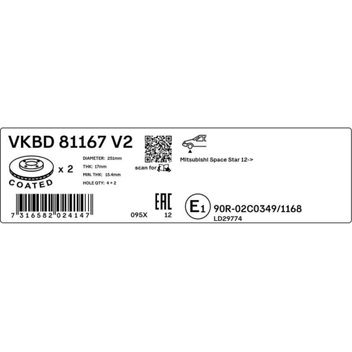 SKF VKBD 81167 V2 2 St&uuml;ck Bremsscheiben f&uuml;r MITSUBISHI, Vorderachse
