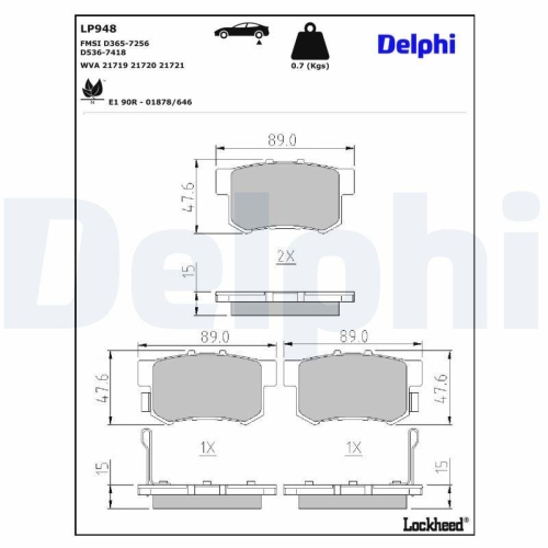 DELPHI LP948 Bremsbelagsatz, Scheibenbremse f&uuml;r HONDA MG ROVER SUZUKI ACURA