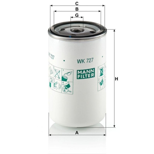 Kraftstofffilter MANN-FILTER WK 727 f&uuml;r IVECO K&Auml;SSBOHRER VOLVO BOMAG CASE IH JCB