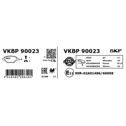 Bremsbelagsatz, Scheibenbremse SKF VKBP 90023 f&uuml;r AUDI SEAT SKODA VW
