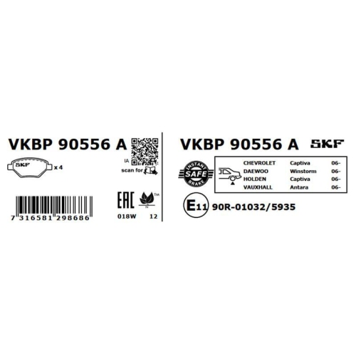 Bremsbelagsatz, Scheibenbremse SKF VKBP 90556 A f&uuml;r OPEL VAUXHALL CHEVROLET