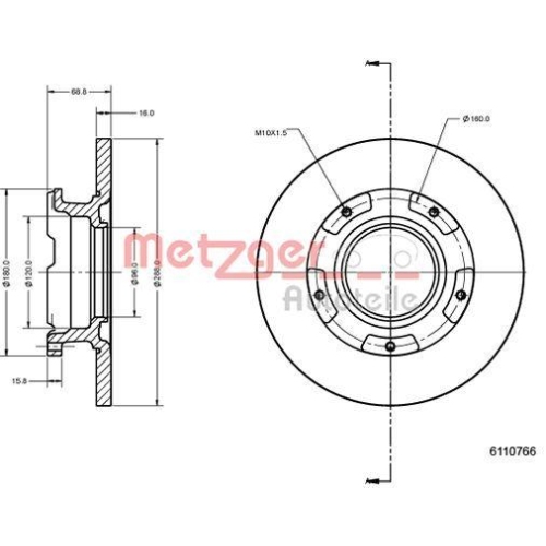 Bremsscheibe METZGER 6110766 für FORD, Hinterachse