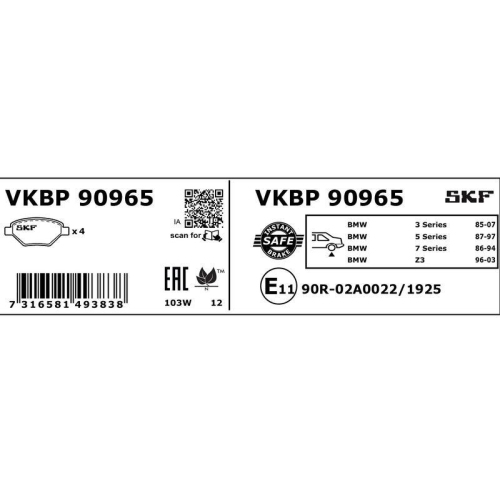 Bremsbelagsatz, Scheibenbremse SKF VKBP 90965 f&uuml;r BMW, Hinterachse