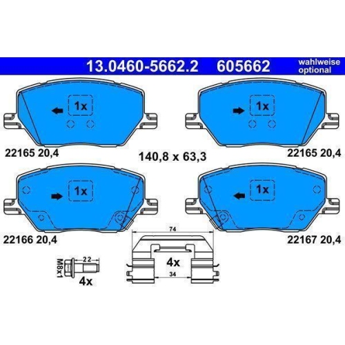 Bremsbelagsatz, Scheibenbremse ATE 13.0460-5662.2 f&uuml;r FIAT JEEP, Vorderachse