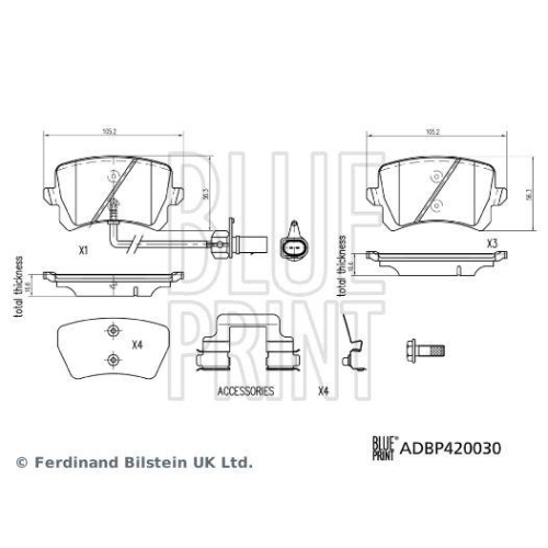 Bremsbelagsatz, Scheibenbremse BLUE PRINT ADBP420030 f&uuml;r AUDI, Hinterachse