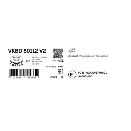 Bremsscheibe SKF VKBD 80112 V2 f&uuml;r NISSAN, Vorderachse