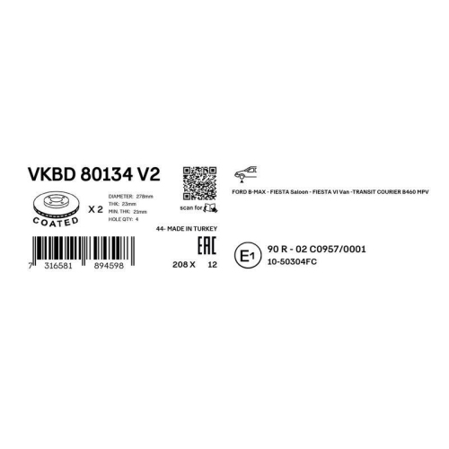 Bremsscheibe SKF VKBD 80134 V2 für FORD, Vorderachse