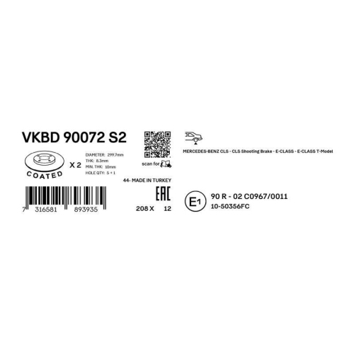 Bremsscheibe SKF VKBD 90072 S2 für MERCEDES-BENZ, Hinterachse