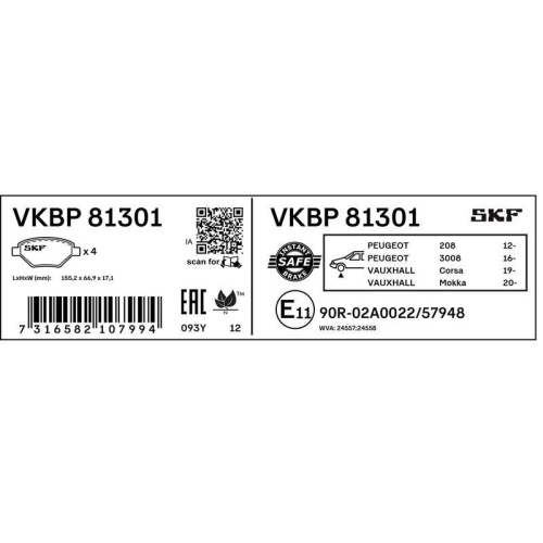 Bremsbelagsatz, Scheibenbremse SKF VKBP 81301 f&uuml;r OPEL VAUXHALL, Vorderachse