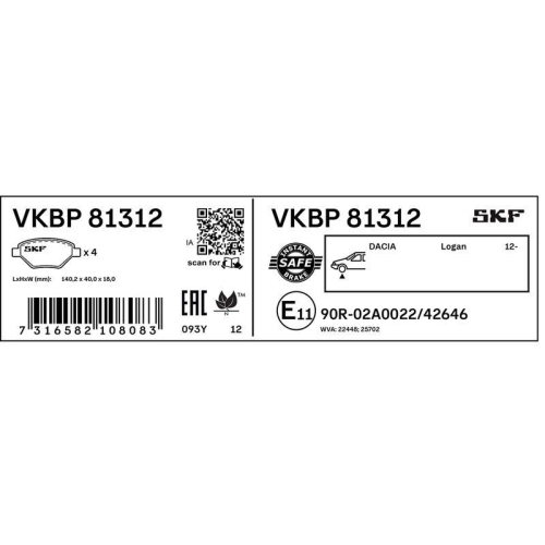 Bremsbelagsatz, Scheibenbremse SKF VKBP 81312 f&uuml;r RENAULT DACIA, Vorderachse