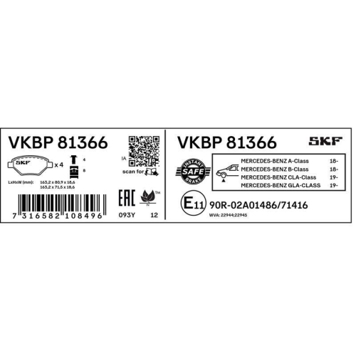 Bremsbelagsatz, Scheibenbremse SKF VKBP 81366 f&uuml;r MERCEDES-BENZ, Vorderachse
