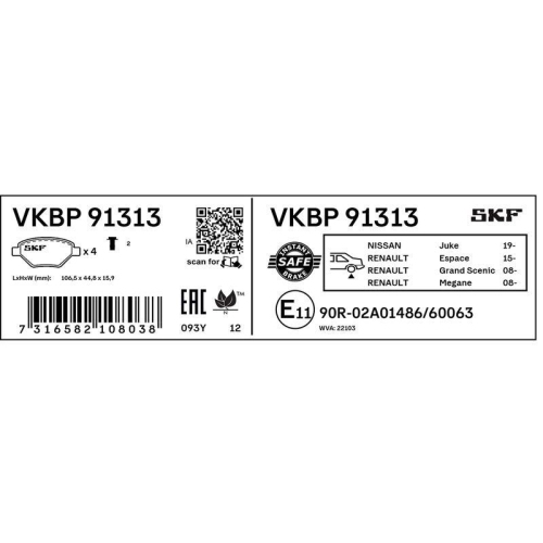 Bremsbelagsatz, Scheibenbremse SKF VKBP 91313 f&uuml;r NISSAN, Hinterachse