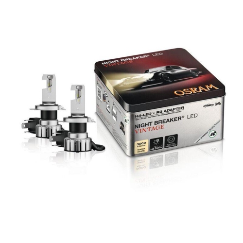OSRAM NIGHT BREAKER LED VINTAGE H4 + R2 Adapter, 3000K, warmwei&szlig;e Farbtemperatur, bis zu 330% mehr Helligkeit, Gelb