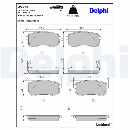 DELPHI LP1976 Bremsbelagsatz, Scheibenbremse f&uuml;r HYUNDAI KIA, Hinterachse
