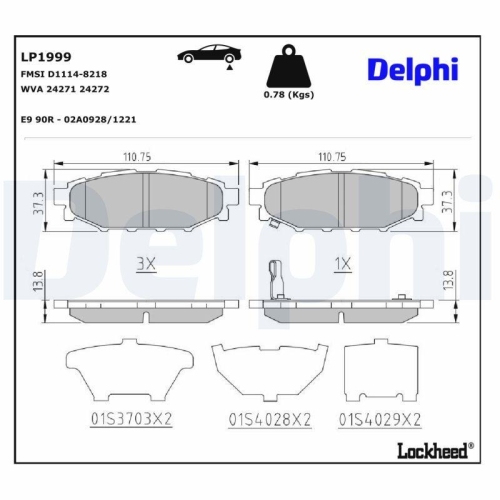 DELPHI LP1999 Bremsbelagsatz, Scheibenbremse f&uuml;r SUBARU TOYOTA, Hinterachse