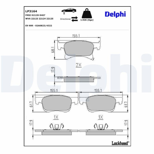 DELPHI LP3164 Bremsbelagsatz, Scheibenbremse f&uuml;r OPEL VAUXHALL, Vorderachse
