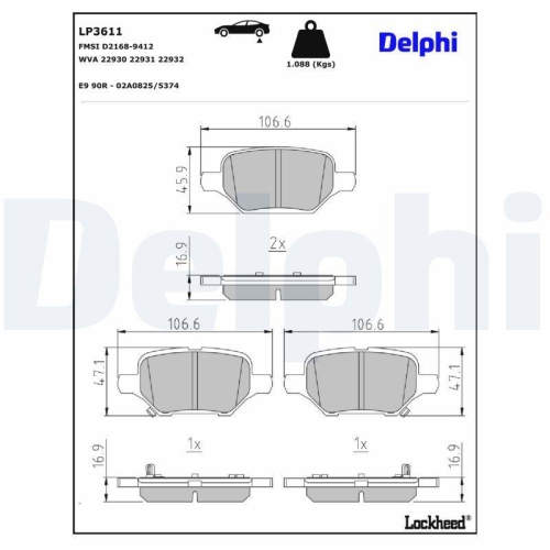 DELPHI LP3611 Bremsbelagsatz, Scheibenbremse f&uuml;r OPEL VAUXHALL CHEVROLET