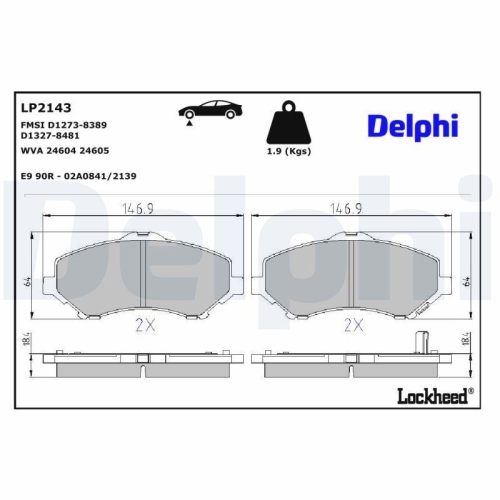 DELPHI LP2143 Bremsbelagsatz, Scheibenbremse f&uuml;r CHRYSLER DODGE FIAT VW JEEP