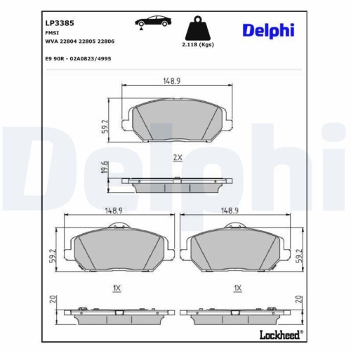 DELPHI LP3385 Bremsbelagsatz, Scheibenbremse f&uuml;r HYUNDAI KIA, Vorderachse