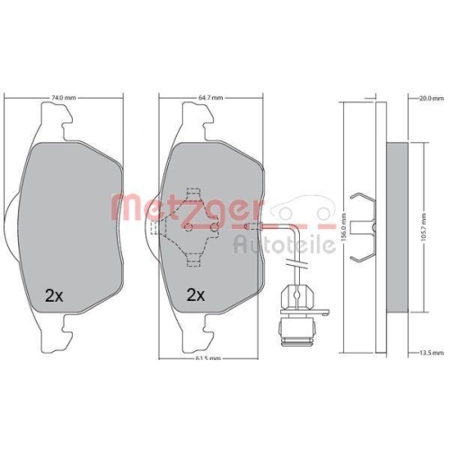 Bremsbelagsatz, Scheibenbremse METZGER 1170225 f&uuml;r AUDI, Vorderachse