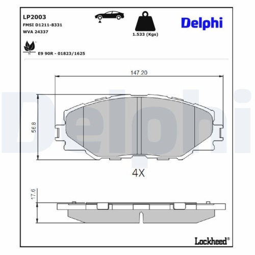 DELPHI LP2003 Bremsbelagsatz, Scheibenbremse f&uuml;r TOYOTA TOYOTA (FAW)