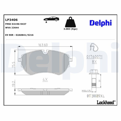 DELPHI LP3406 Bremsbelagsatz, Scheibenbremse f&uuml;r VW, Vorderachse